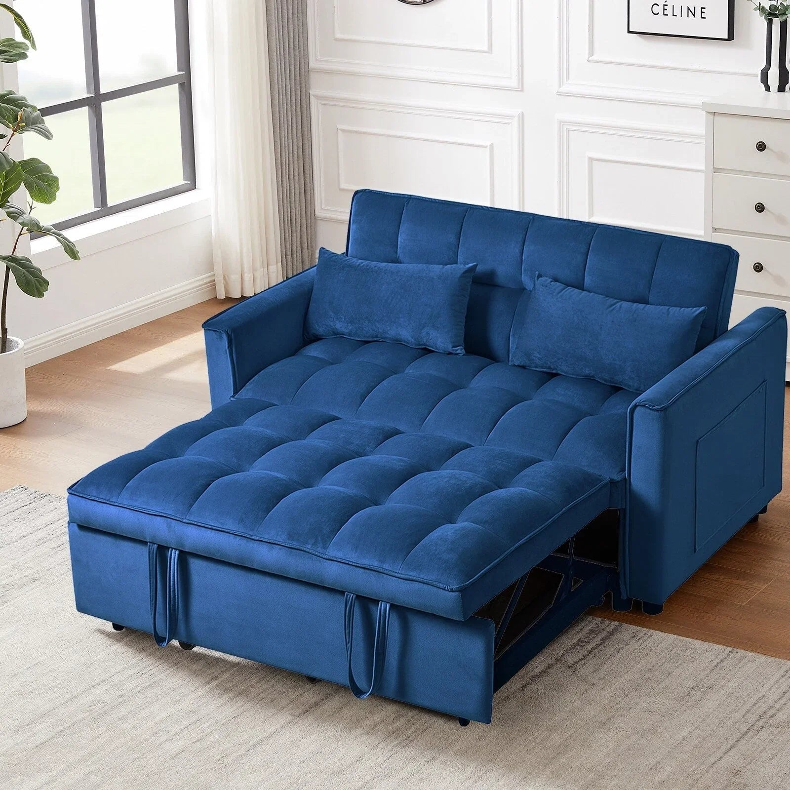Moderno divano letto estraibile, divano letto 3-in-1 con schienale regolabile, divanetto in velluto, cuscini e tasche laterali