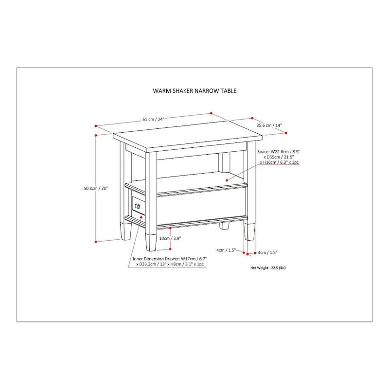 WYNDENHALL Norfolk TAVOLINO LATERALE STRETTO RETTANGOLARE TRADIZIONALE IN LEGNO MASSELLO, LARGHEZZA 14 POLLICI - 14 pollici di larghezza