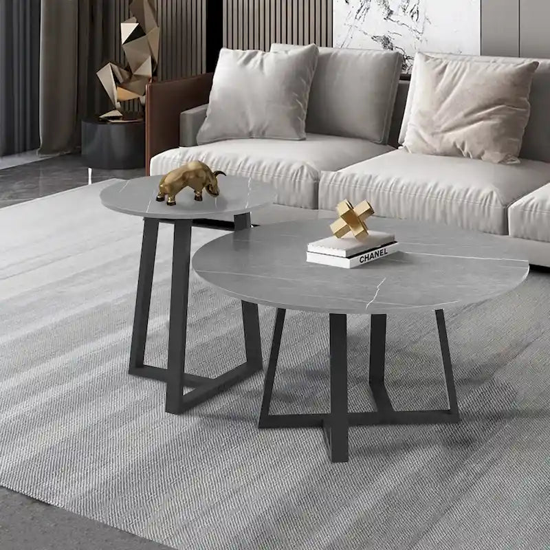 Set di 2 tavolini rotondi sovrapponibili in marmo sintetico - 80x40 cm
