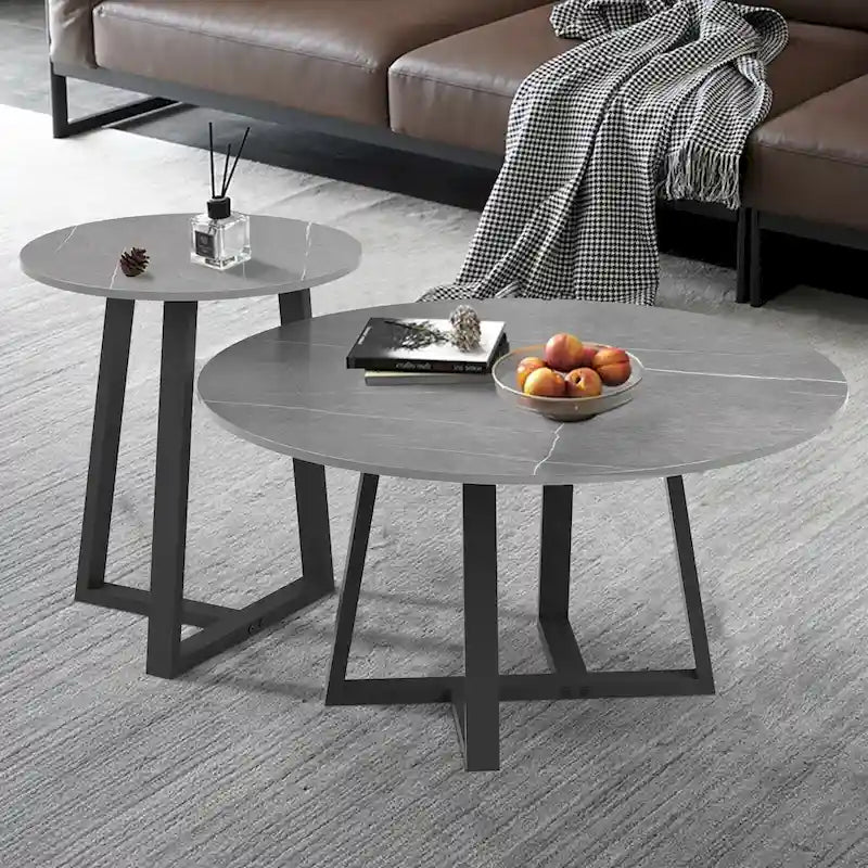 Set di 2 tavolini rotondi sovrapponibili in marmo sintetico - 80x40 cm