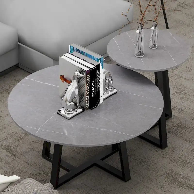 Set di 2 tavolini rotondi sovrapponibili in marmo sintetico - 80x40 cm