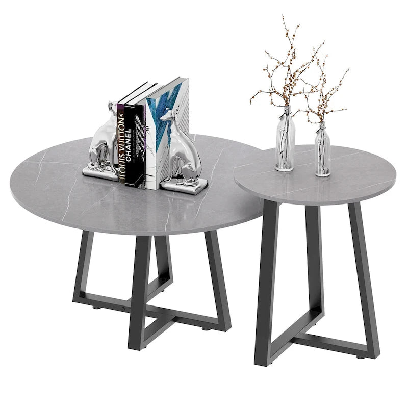 Set di 2 tavolini rotondi sovrapponibili in marmo sintetico - 80x40 cm