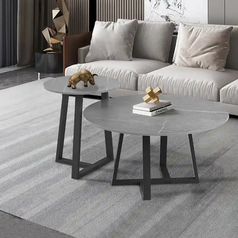 Set di 2 tavolini rotondi sovrapponibili in marmo sintetico - 80x40 cm