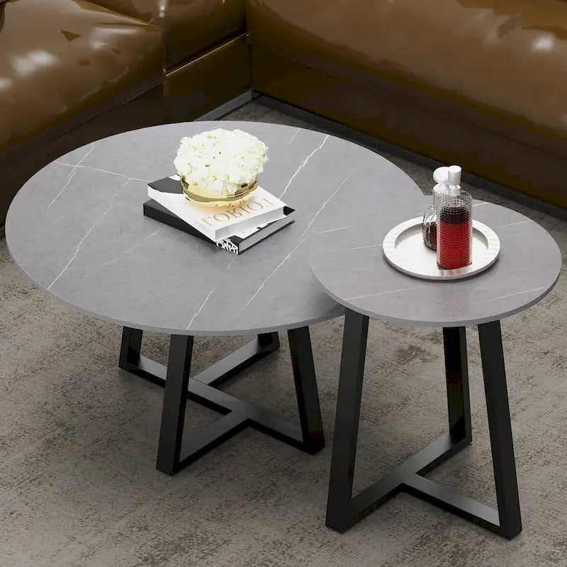 Set di 2 tavolini rotondi sovrapponibili in marmo sintetico - 80x40 cm