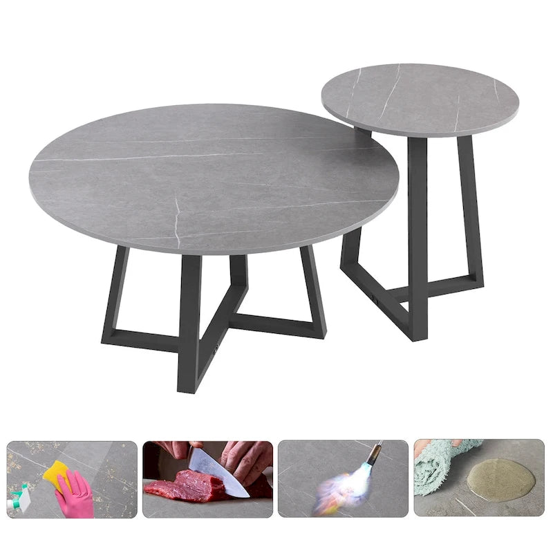 Set di 2 tavolini rotondi sovrapponibili in marmo sintetico - 80x40 cm