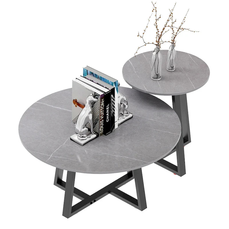 Set di 2 tavolini rotondi sovrapponibili in marmo sintetico - 80x40 cm