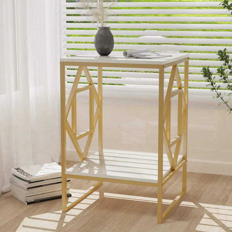 Table basse d'appoint en pierre frittée à 2 niveaux avec étagère de rangement - 40x40x58 cm