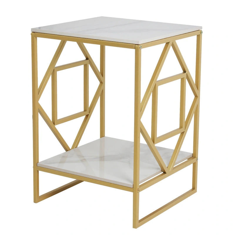 Table basse d'appoint en pierre frittée à 2 niveaux avec étagère de rangement - 40x40x58 cm