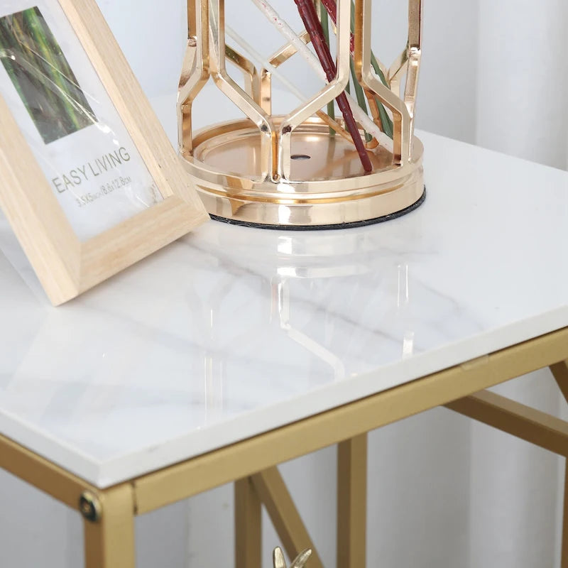 Table basse d'appoint en pierre frittée à 2 niveaux avec étagère de rangement - 40x40x58 cm