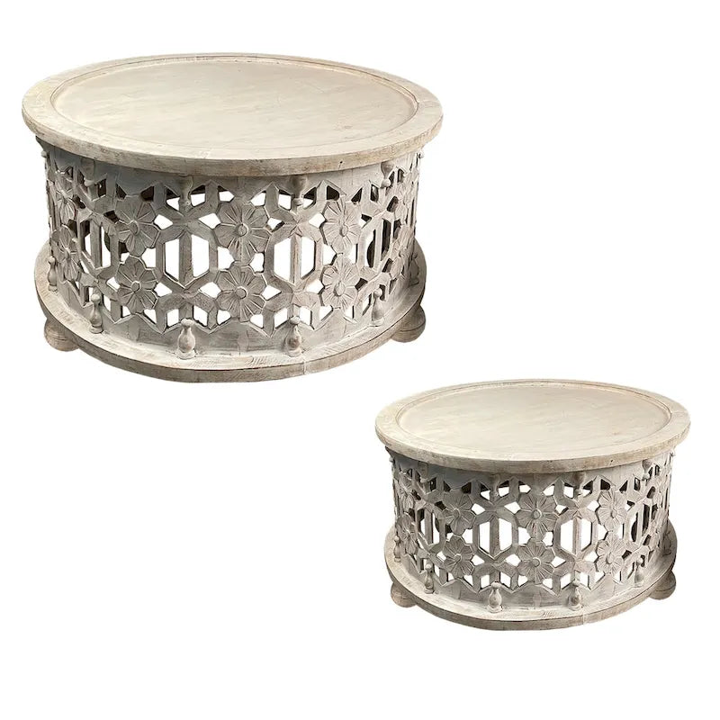 Set da tavolino da caffè rotondo in legno da 30 pollici a 2 pezzi, design floreale intagliato, bianco antico