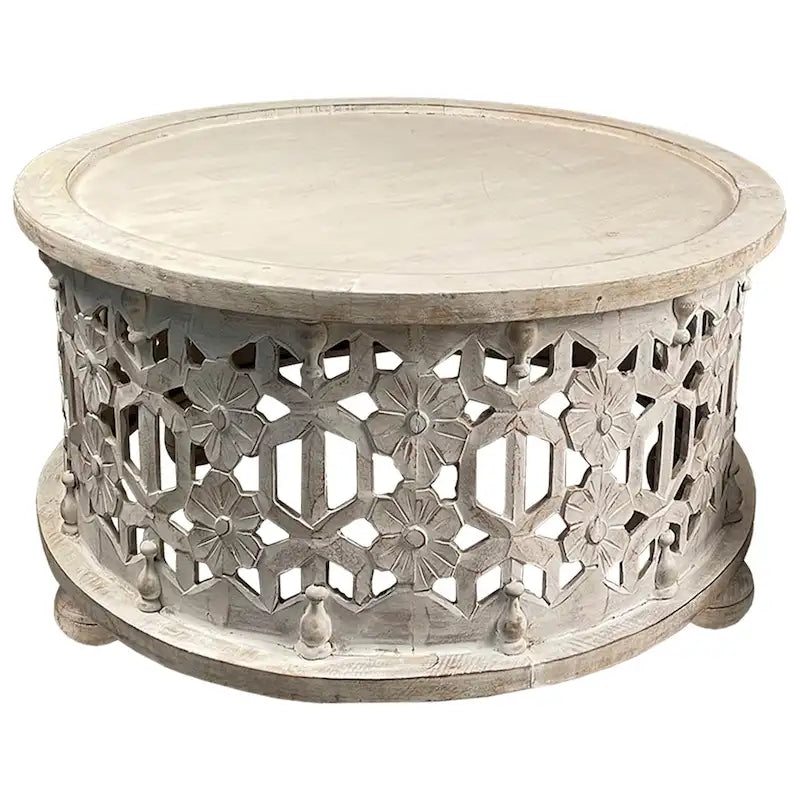 Set da tavolino da caffè rotondo in legno da 30 pollici a 2 pezzi, design floreale intagliato, bianco antico