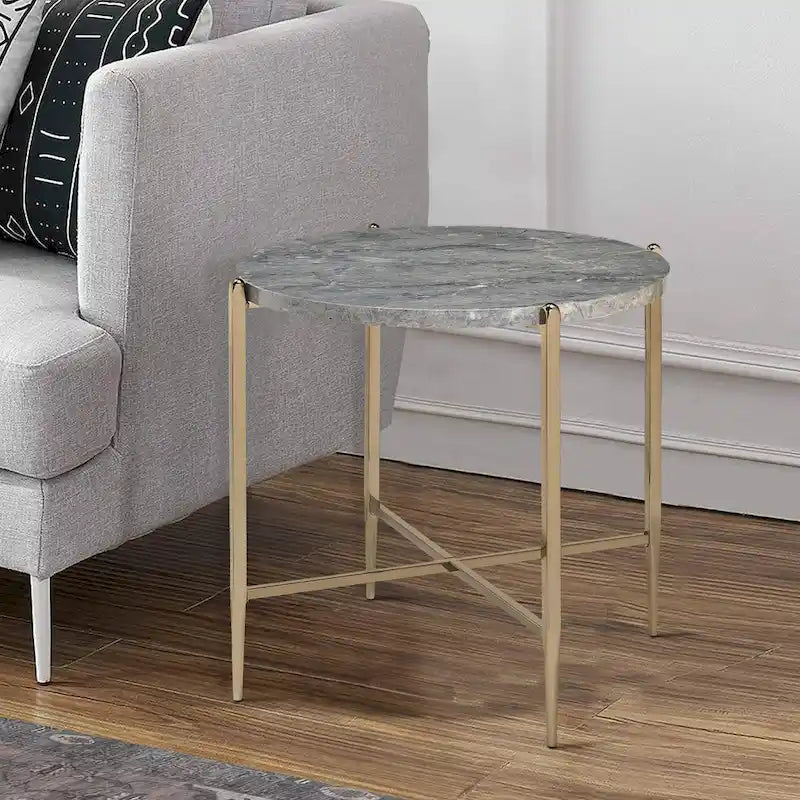 Tavolino con Piano Ovale in Marmo e Supporto a X, Grigio e Oro