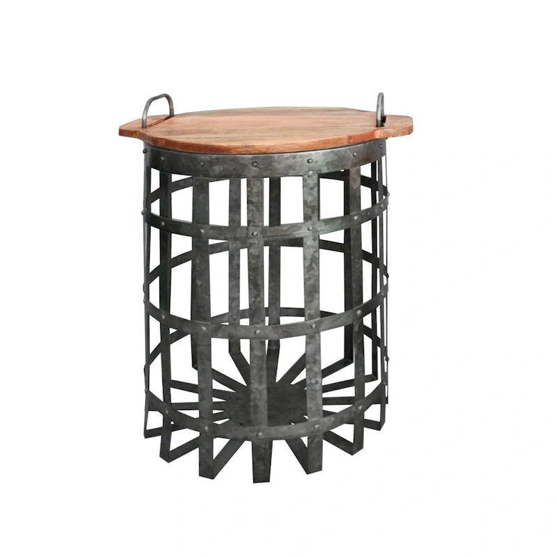 Tavolino d'appoggio industriale con struttura zincata, top rotondo e maniglie, set di 2, grigio e marrone