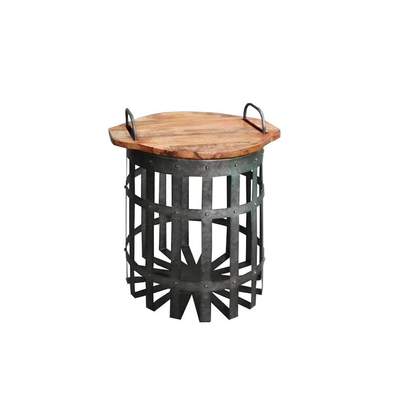Tavolino d'appoggio industriale con struttura zincata, top rotondo e maniglie, set di 2, grigio e marrone