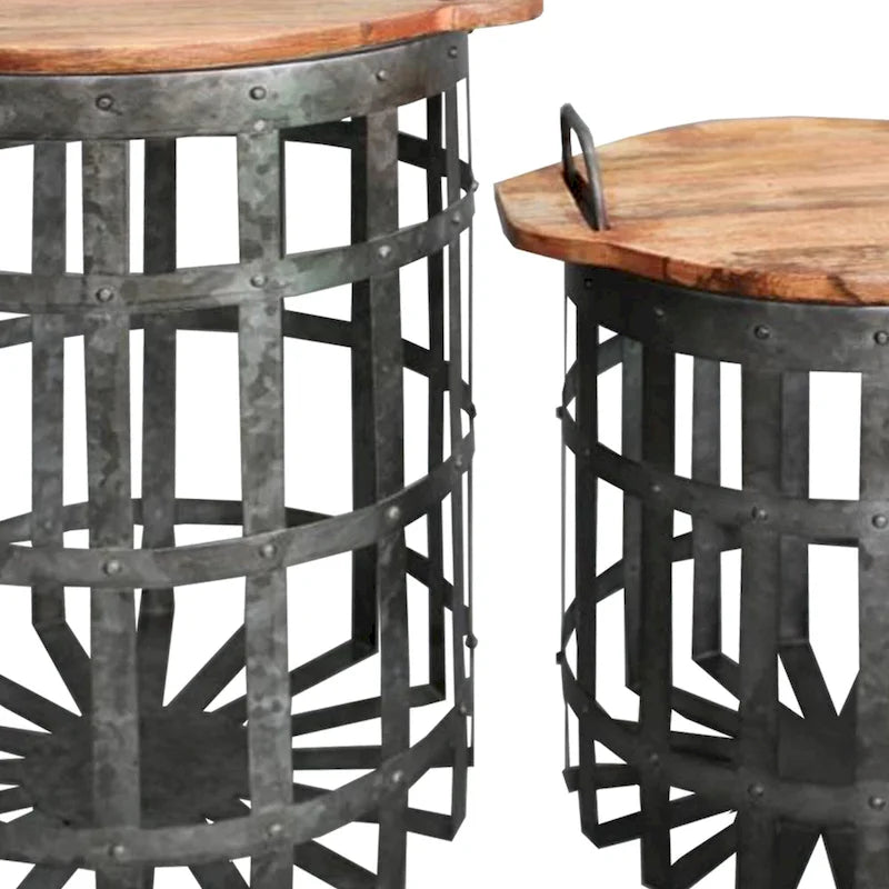 Tavolino d'appoggio industriale con struttura zincata, top rotondo e maniglie, set di 2, grigio e marrone