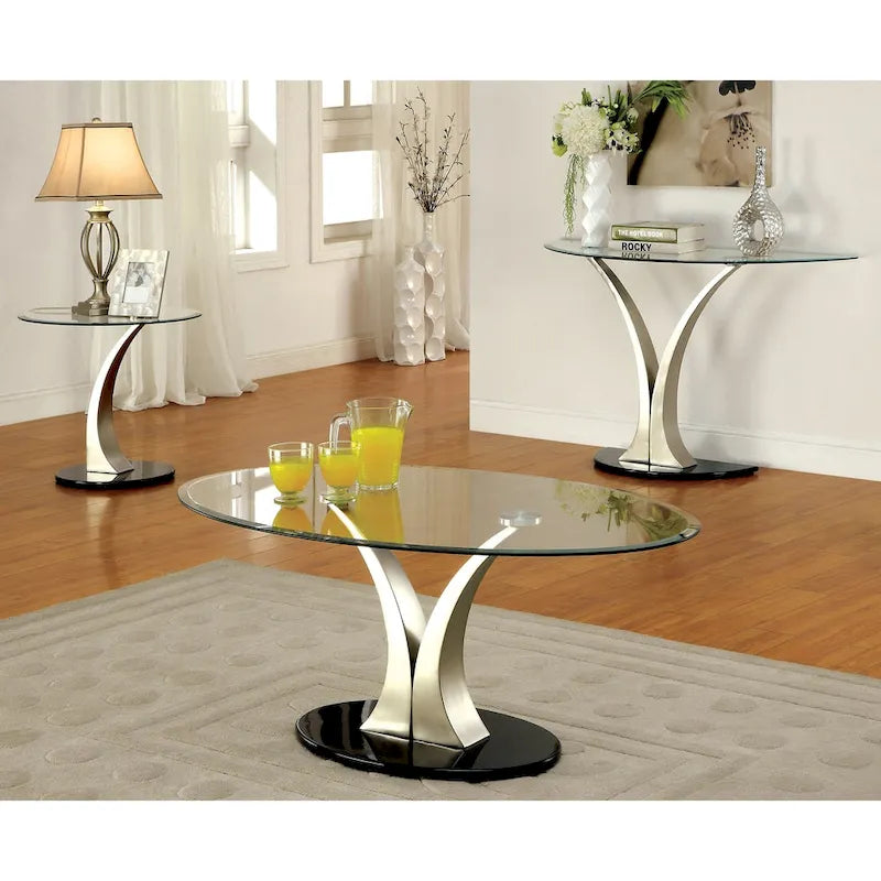 Console demi-lune en métal argenté moderne Wuct 46 pouces avec plateau en verre de Furniture of America