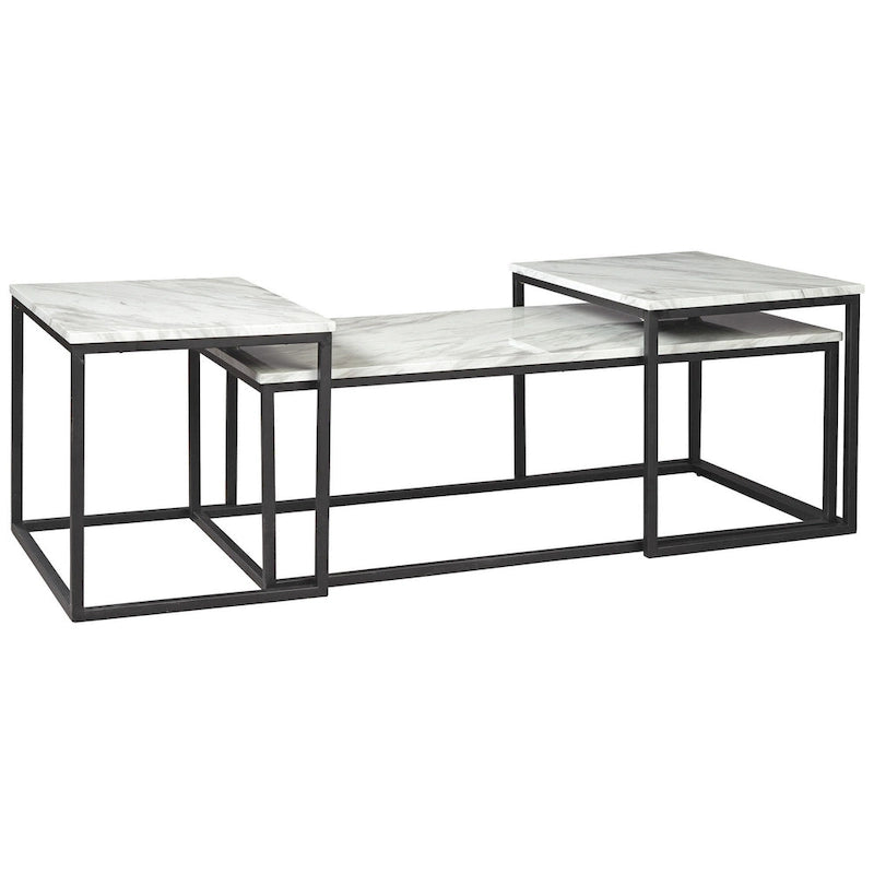 Set di 3 tavolini occasionali, Struttura in metallo, Piano in marmo, Bianco e Nero
