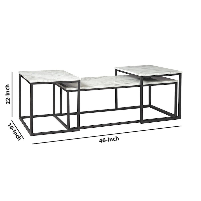 Set di 3 tavolini occasionali, Struttura in metallo, Piano in marmo, Bianco e Nero