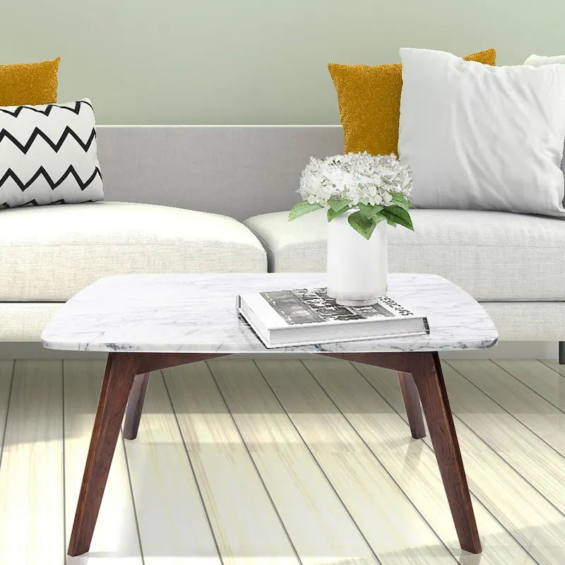 Vezzana 31 Square Italian Carrara White Marble Coffee Table with Walnut Legs