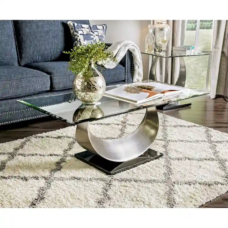 Tavolino da caffè e tavolino laterale contemporanei Heer Silver da 48 pollici con piano in vetro a forma di U, set da 2 pezzi di Furniture of America