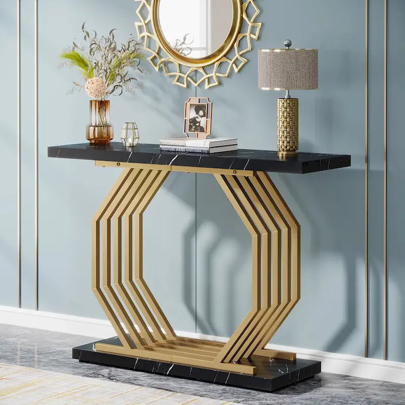 39,37 Tavolo consolle oro, tavolo da divano moderno in marmo bianco con base geometrica in metallo