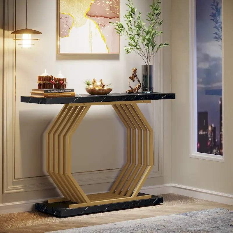 39,37 Tavolo consolle oro, tavolo da divano moderno in marmo bianco con base geometrica in metallo