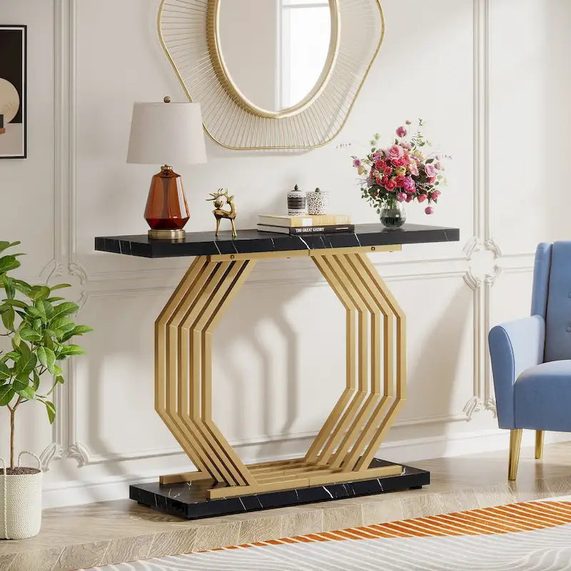 39,37 Tavolo consolle oro, tavolo da divano moderno in marmo bianco con base geometrica in metallo
