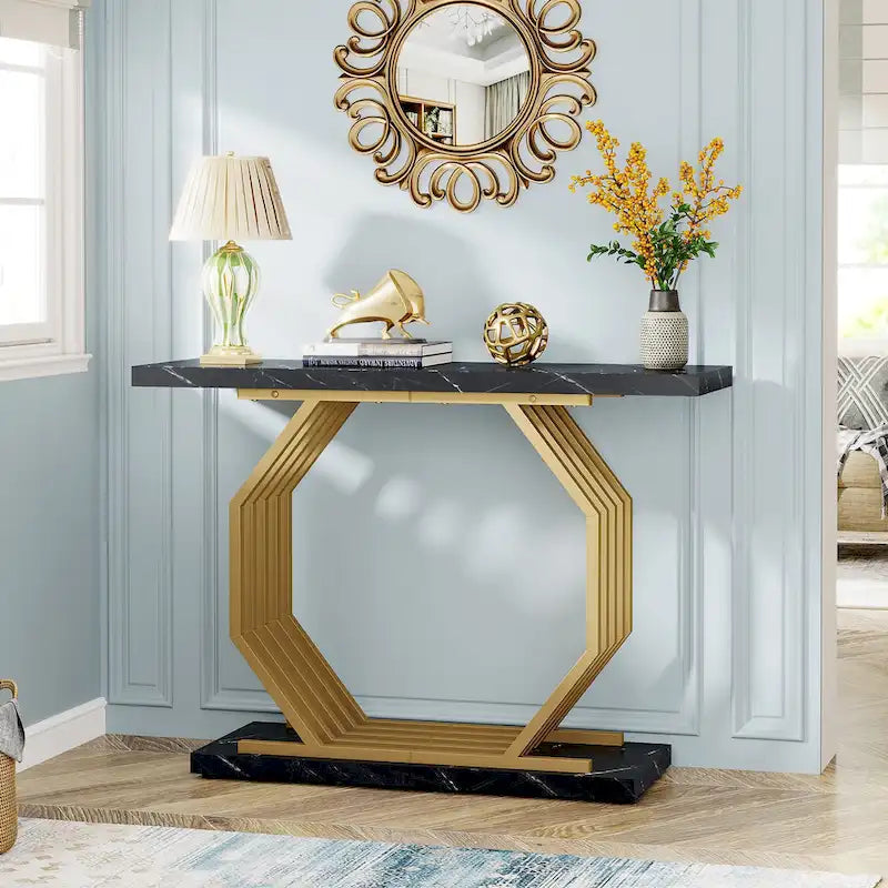 39,37 Tavolo consolle oro, tavolo da divano moderno in marmo bianco con base geometrica in metallo