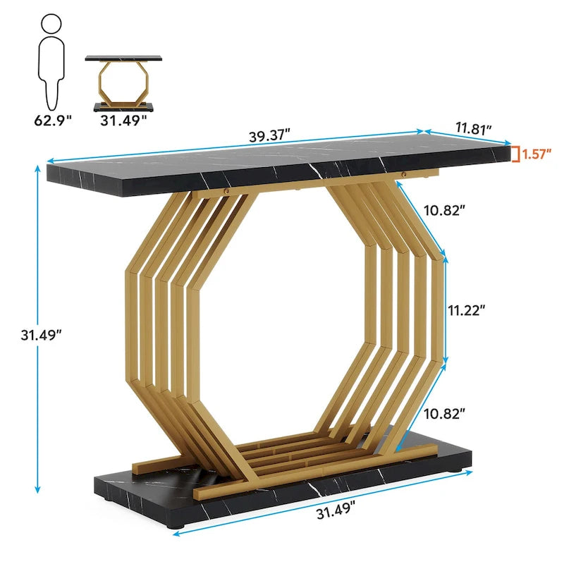 39,37 Tavolo consolle oro, tavolo da divano moderno in marmo bianco con base geometrica in metallo