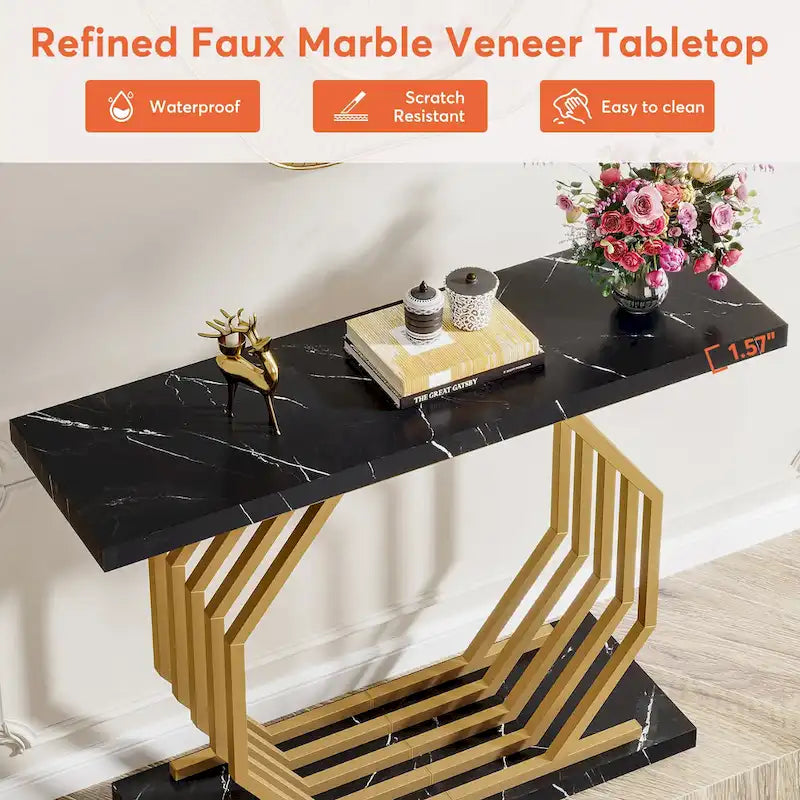 39,37 Tavolo consolle oro, tavolo da divano moderno in marmo bianco con base geometrica in metallo