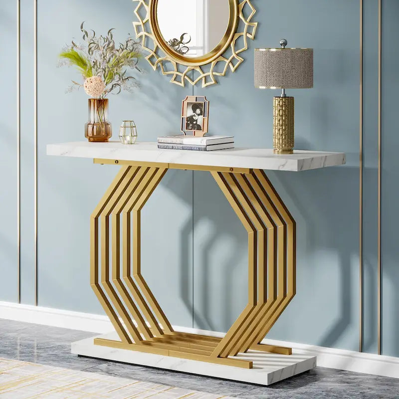 39,37 Tavolo consolle oro, tavolo da divano moderno in marmo bianco con base geometrica in metallo