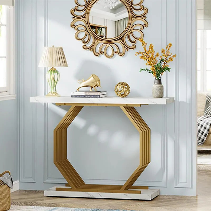 39,37 Tavolo consolle oro, tavolo da divano moderno in marmo bianco con base geometrica in metallo