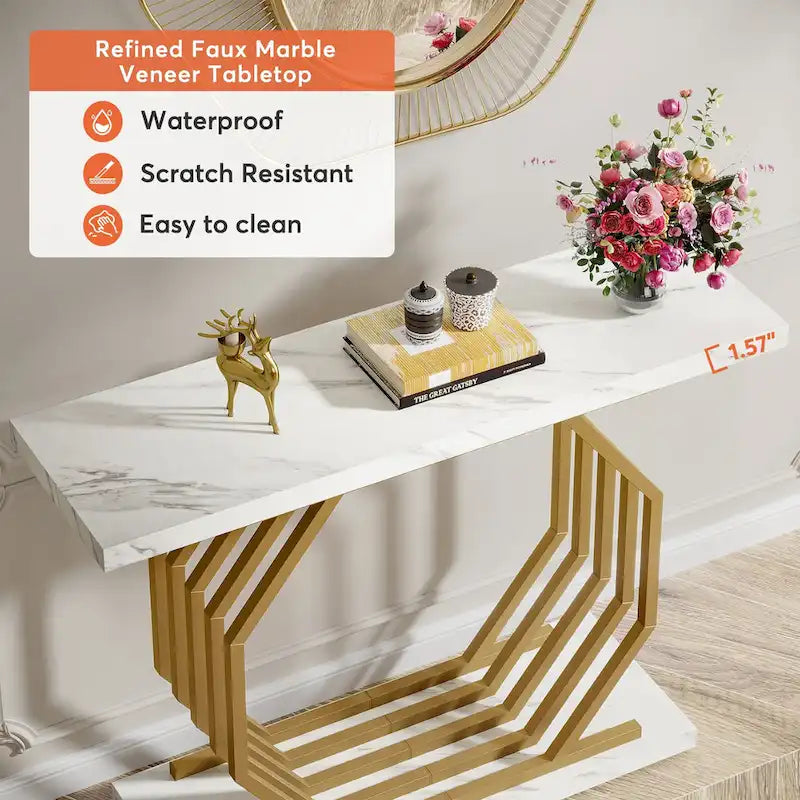 39,37 Tavolo consolle oro, tavolo da divano moderno in marmo bianco con base geometrica in metallo