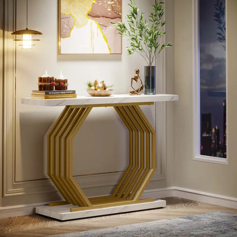 39,37 Tavolo consolle oro, tavolo da divano moderno in marmo bianco con base geometrica in metallo
