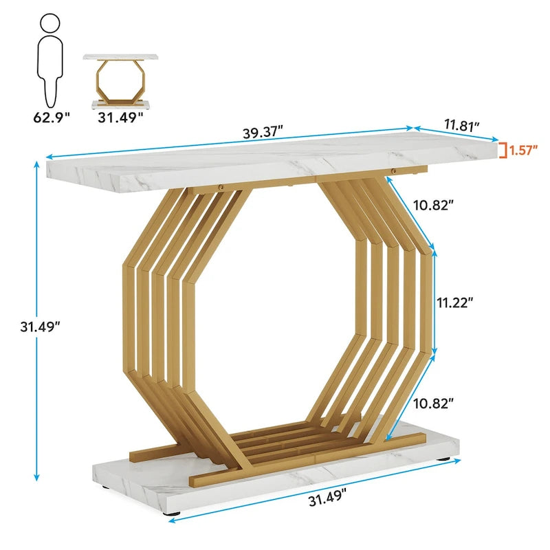 39,37 Tavolo consolle oro, tavolo da divano moderno in marmo bianco con base geometrica in metallo
