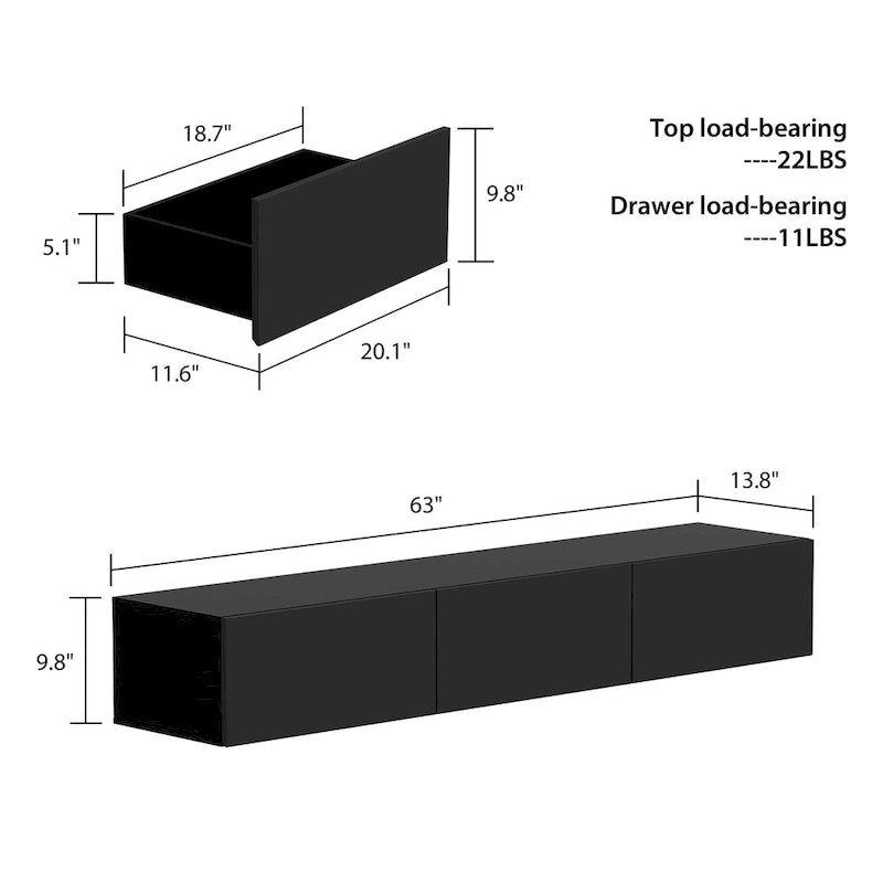 Meuble TV mural flottant 63 pouces, meuble TV LED mural avec finition brillante