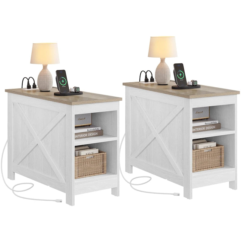 Moasis Lot de 2 tables d'appoint avec station de charge et rangement, 2 prises de courant et 2 ports USB