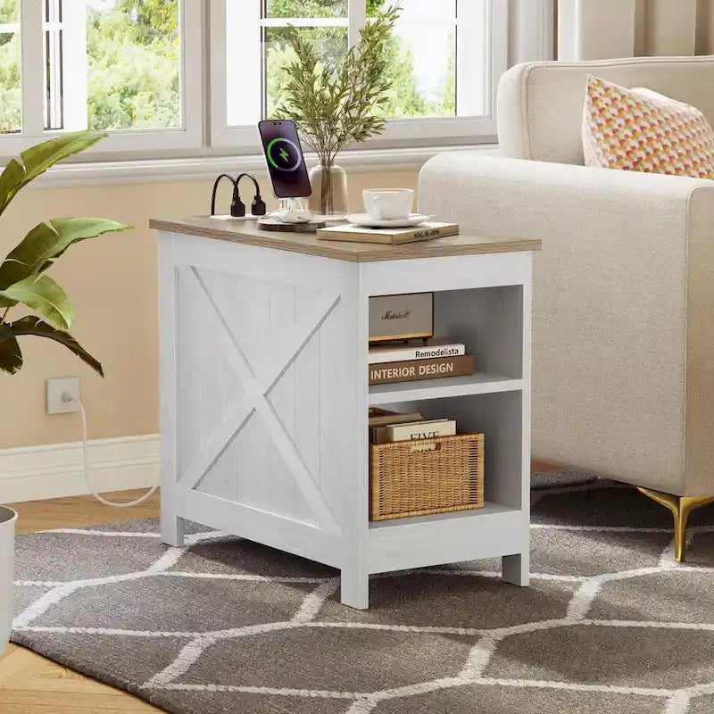 Moasis Lot de 2 tables d'appoint avec station de charge et rangement, 2 prises de courant et 2 ports USB