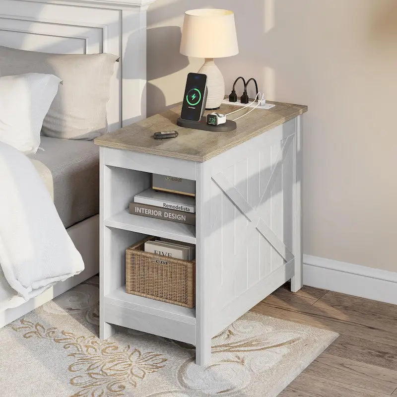Moasis Lot de 2 tables d'appoint avec station de charge et rangement, 2 prises de courant et 2 ports USB