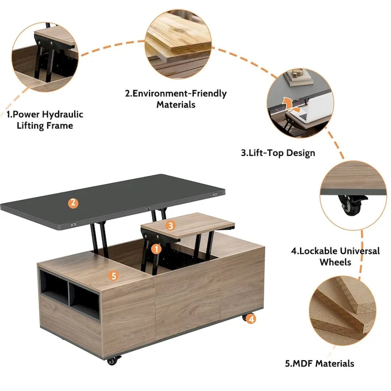 Table basse moderne multifonctionnelle avec plateau relevable Merax