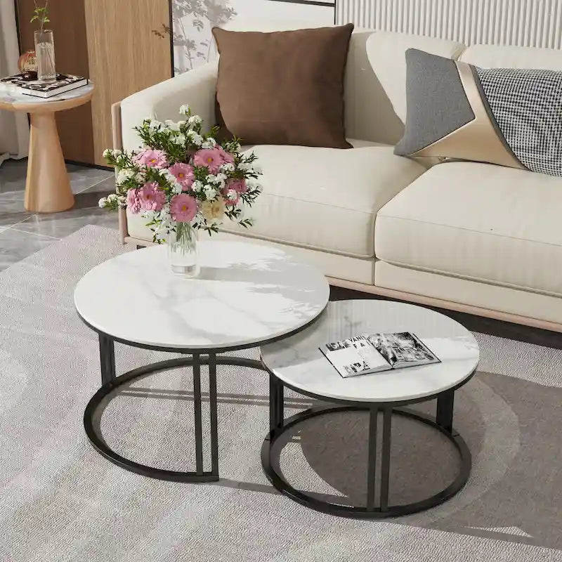 Tables basses gigognes rondes 2X avec plateau en pierre frittée et piètement en métal - 27x16