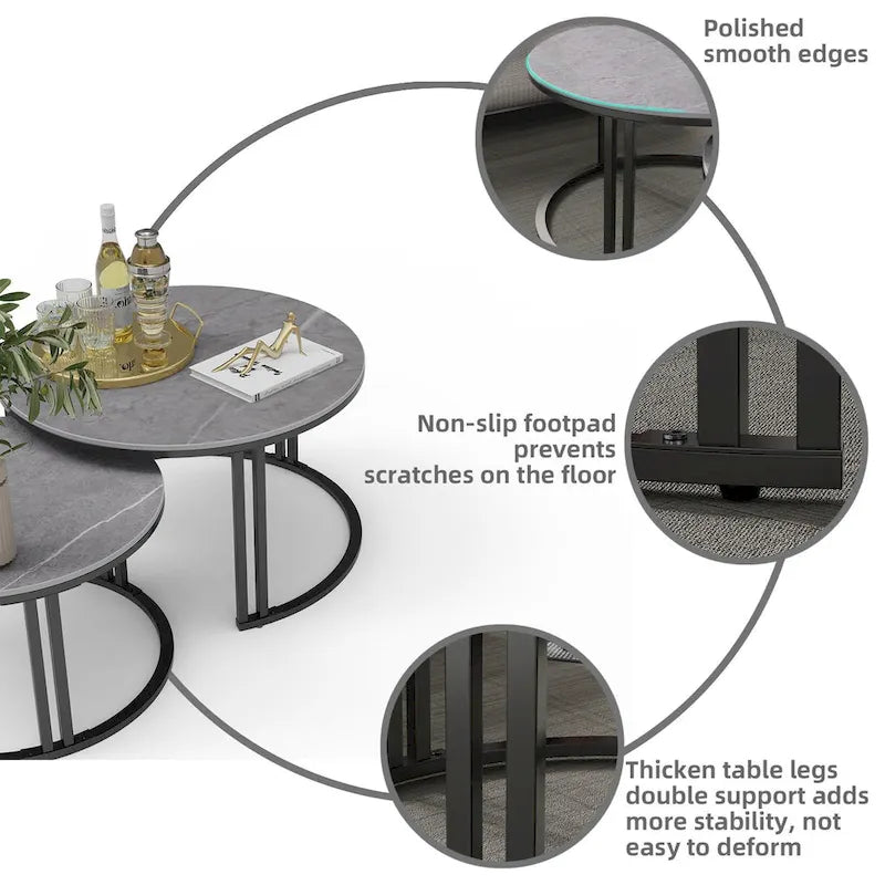 Tables basses gigognes rondes 2X avec plateau en pierre frittée et piètement en métal - 27x16
