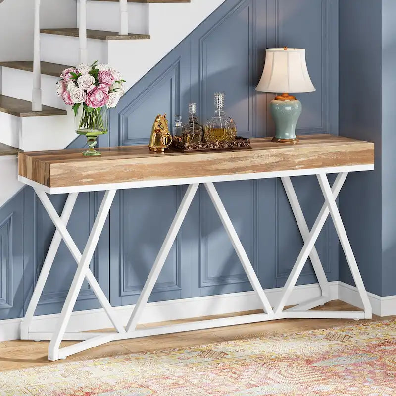 Console de 55 pouces en bois, table d'entrée/derrière canapé avec pieds en métal uniques