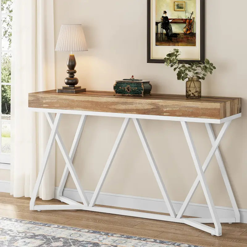 Console de 55 pouces en bois, table d'entrée/derrière canapé avec pieds en métal uniques