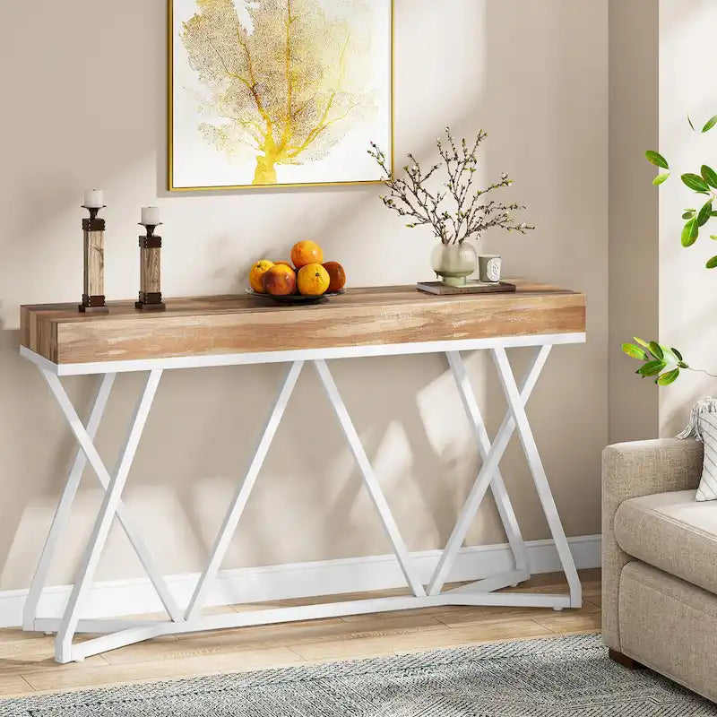 Console de 55 pouces en bois, table d'entrée/derrière canapé avec pieds en métal uniques