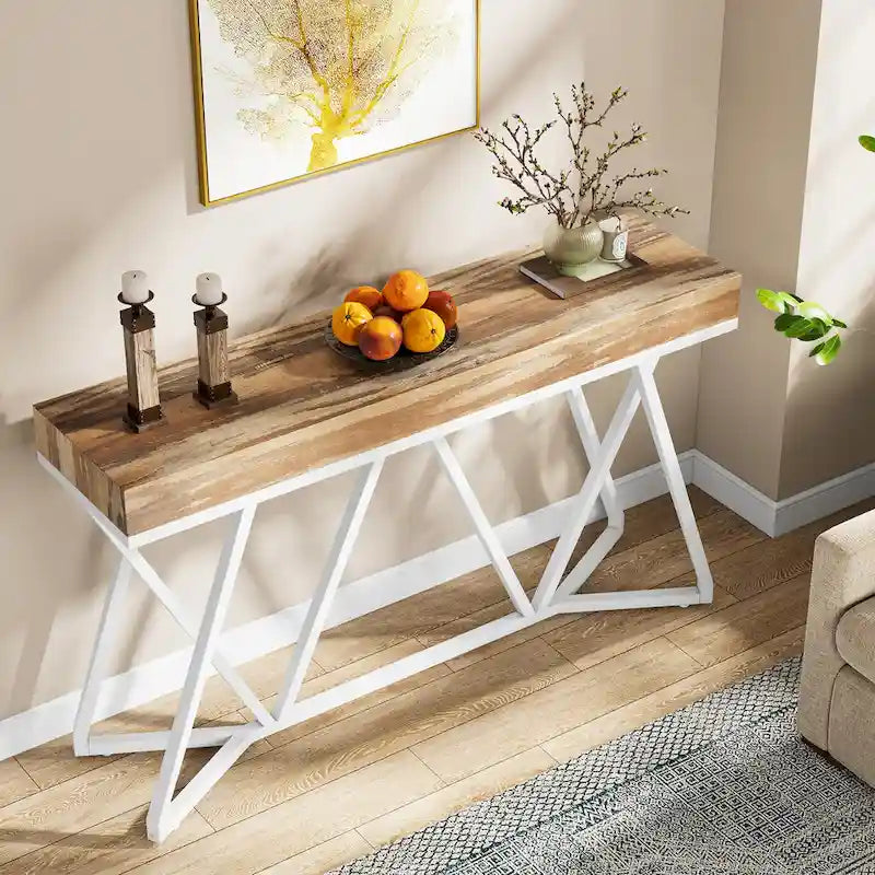 Console de 55 pouces en bois, table d'entrée/derrière canapé avec pieds en métal uniques