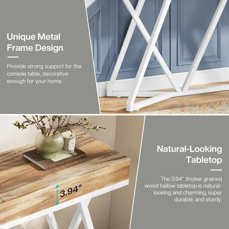 Console de 55 pouces en bois, table d'entrée/derrière canapé avec pieds en métal uniques