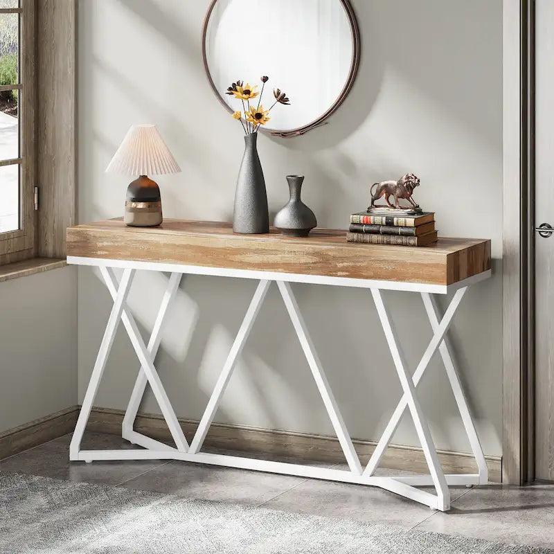 Console de 55 pouces en bois, table d'entrée/derrière canapé avec pieds en métal uniques
