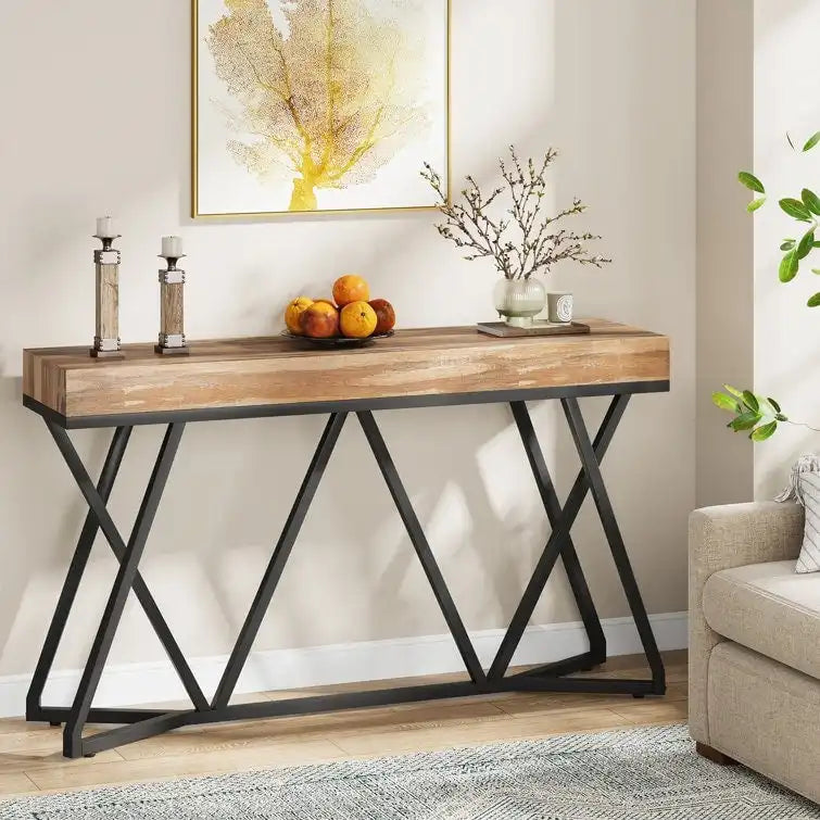 Console de 55 pouces en bois, table d'entrée/derrière canapé avec pieds en métal uniques