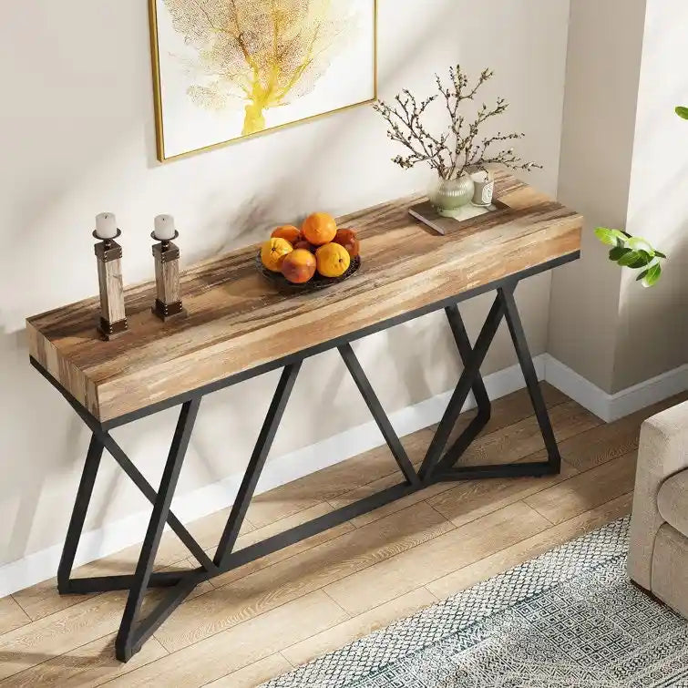 Console de 55 pouces en bois, table d'entrée/derrière canapé avec pieds en métal uniques